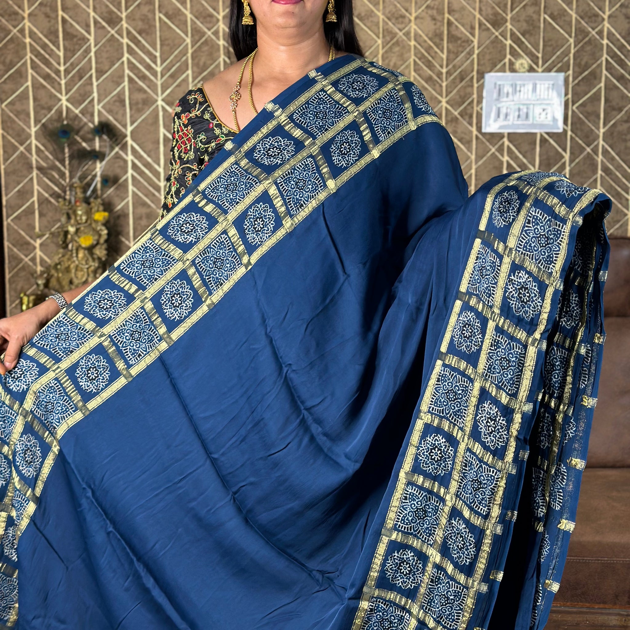Peacock blue Pure modal Ajrak sarees.