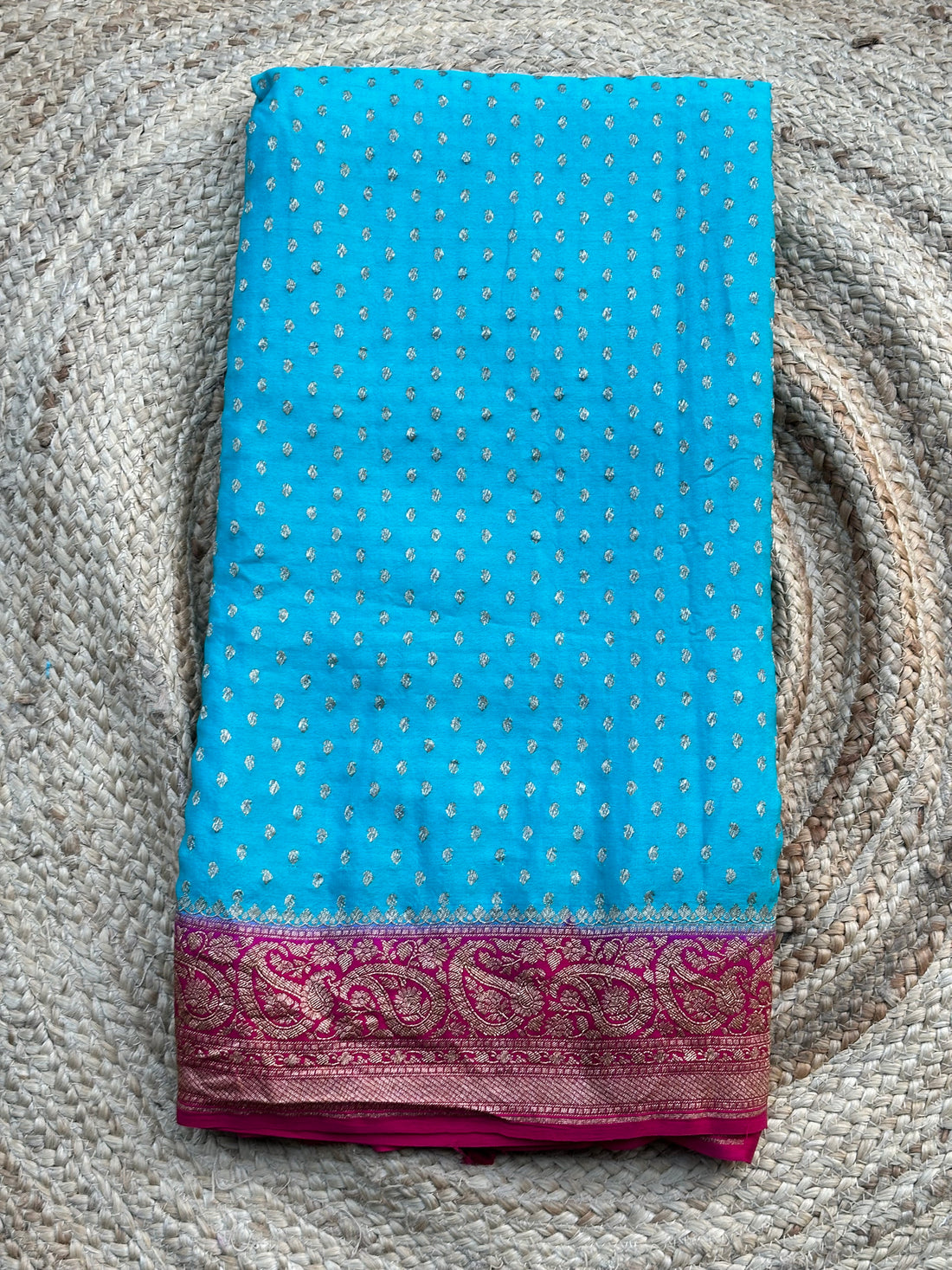 Sky blue and pink pure crepe Banaras silk saree with silk mark certified