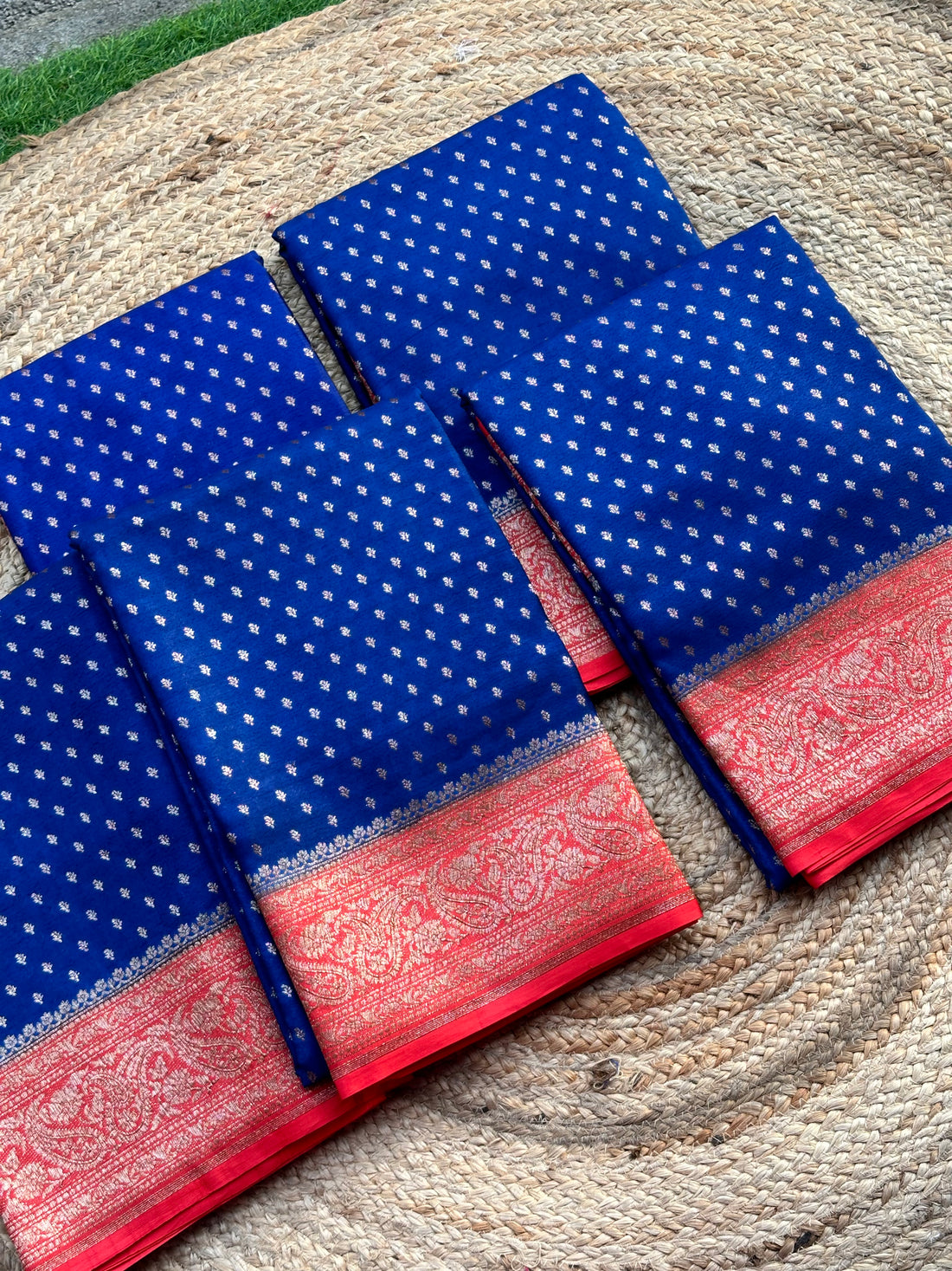 Deep blue and red Banarasi crepe chiffon
