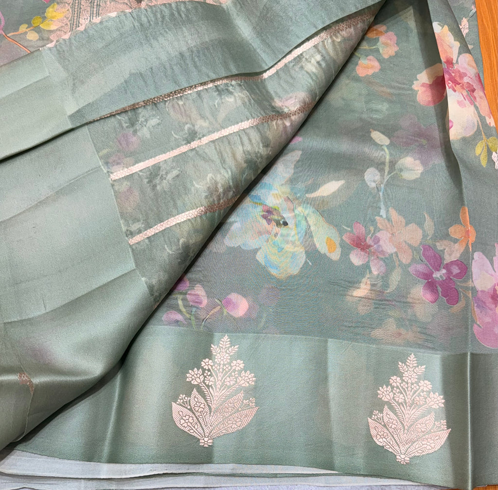 Pastel green digital print Banarasi pure tissue chiffon saree sliver zari saree