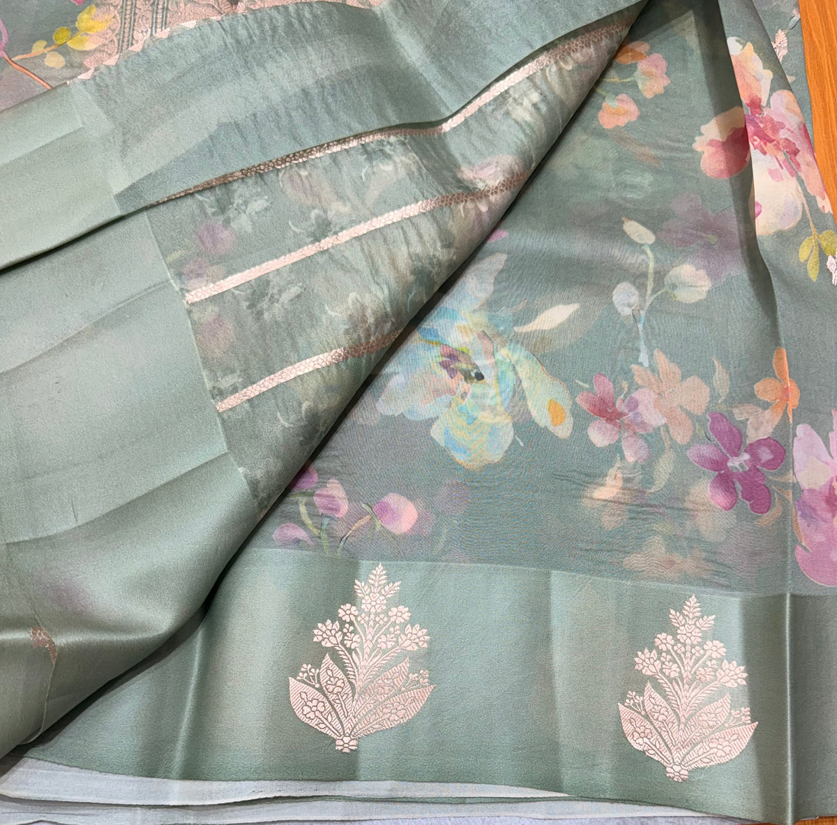 Pastel green digital print Banarasi pure tissue chiffon saree sliver zari saree