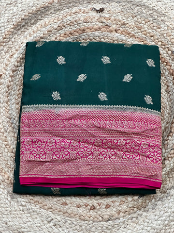 Green and pink 2D pure crepe Banaras sarees