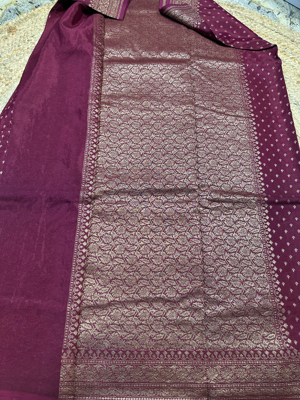 Maroon crepe chiffon with brocade blouse handloom silk.