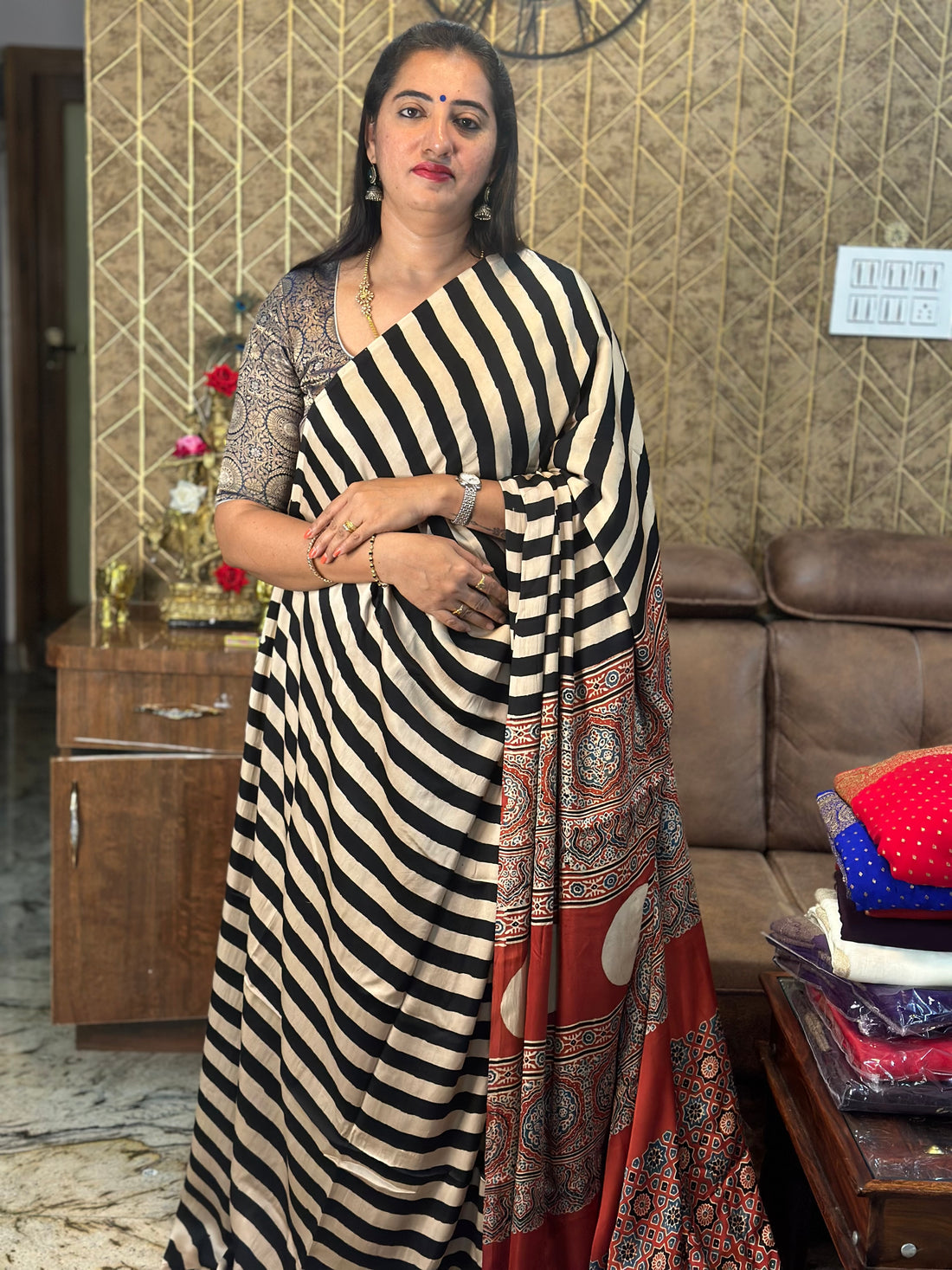 Pure modal silk. With vertical stripes Ajrak blouse.