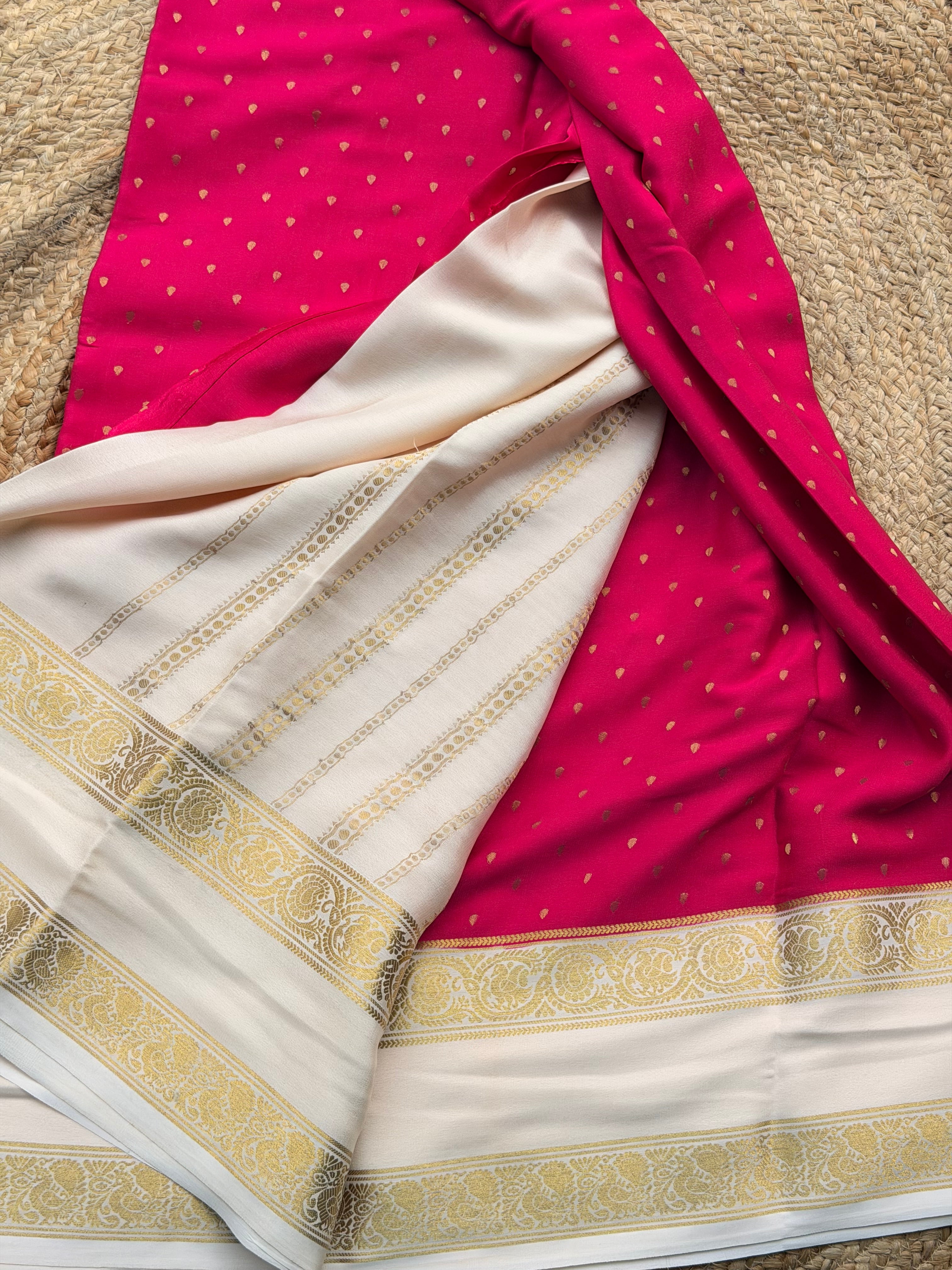 Rani pink and half white 1000 butta pure crepe Mysore silk saree 120gsm