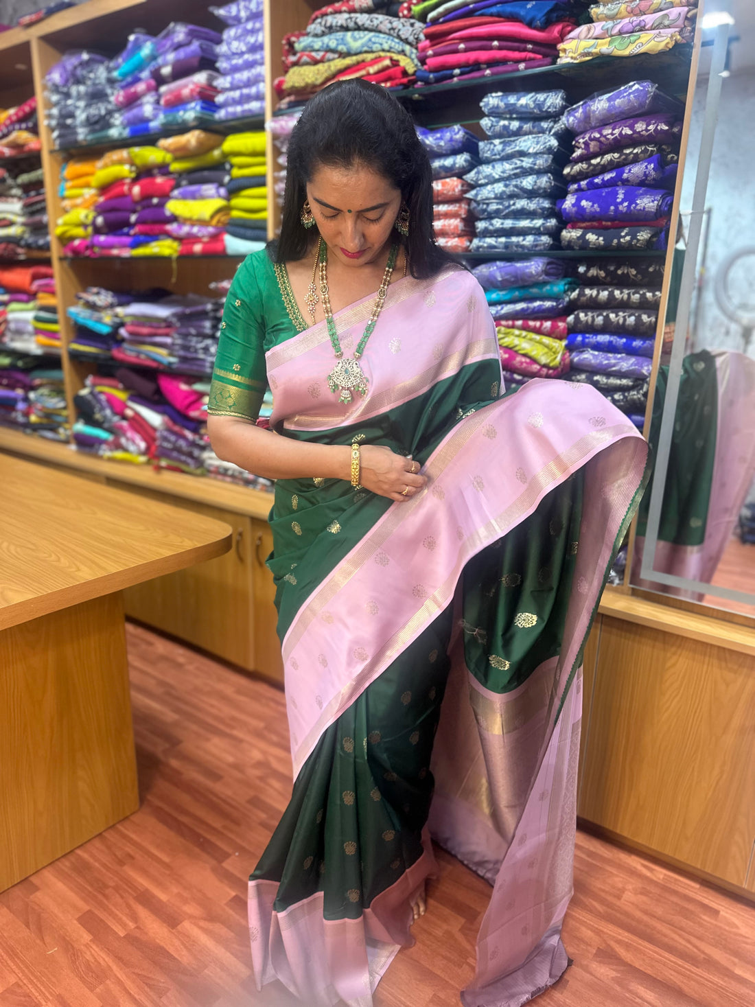 Dark green and baby pink semi silk sarees