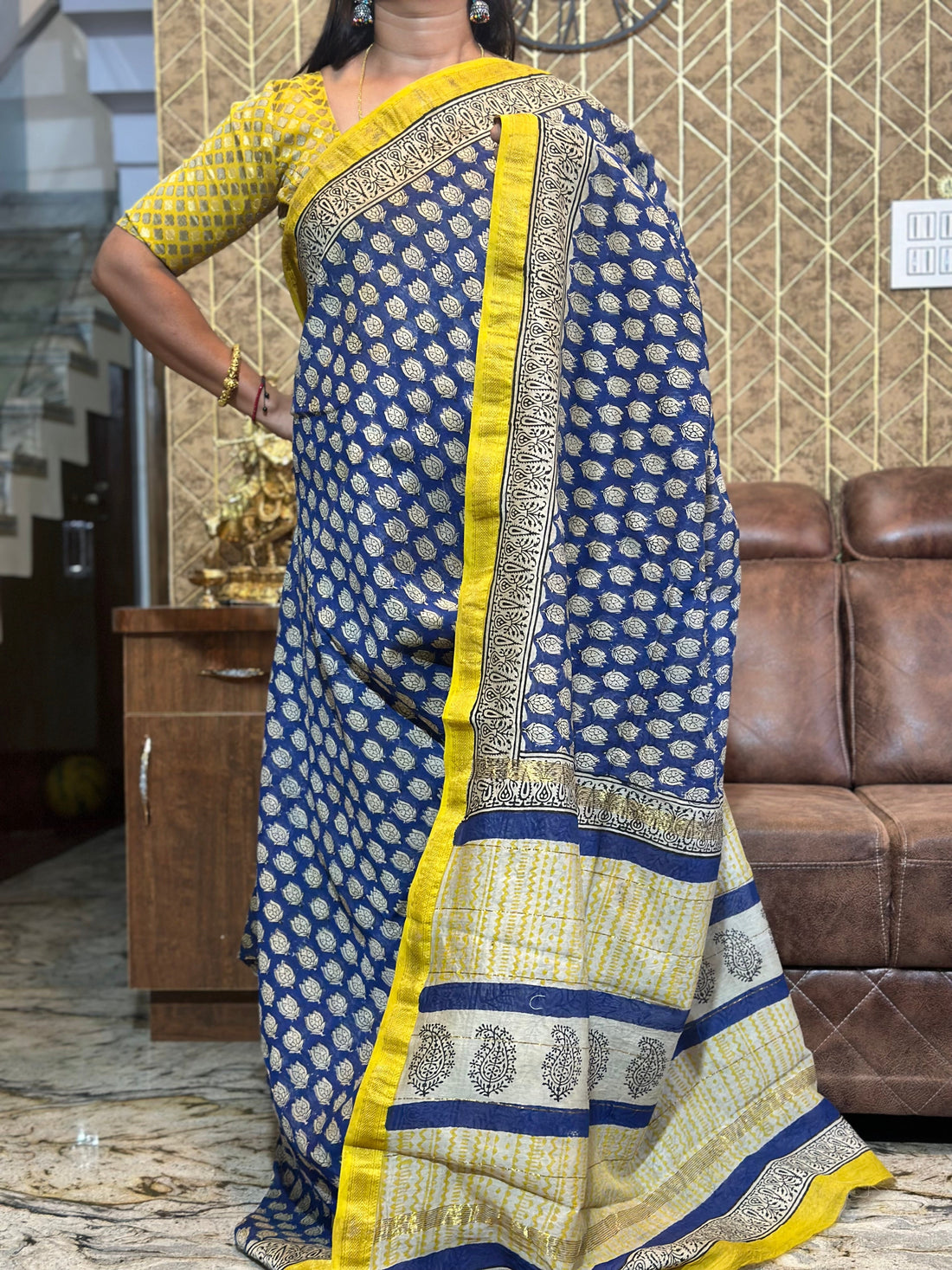 Sona Pure Hand-block Printed Maheshwari Silk Saree