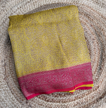 Yellow n pink semi Banarasi crepe saree