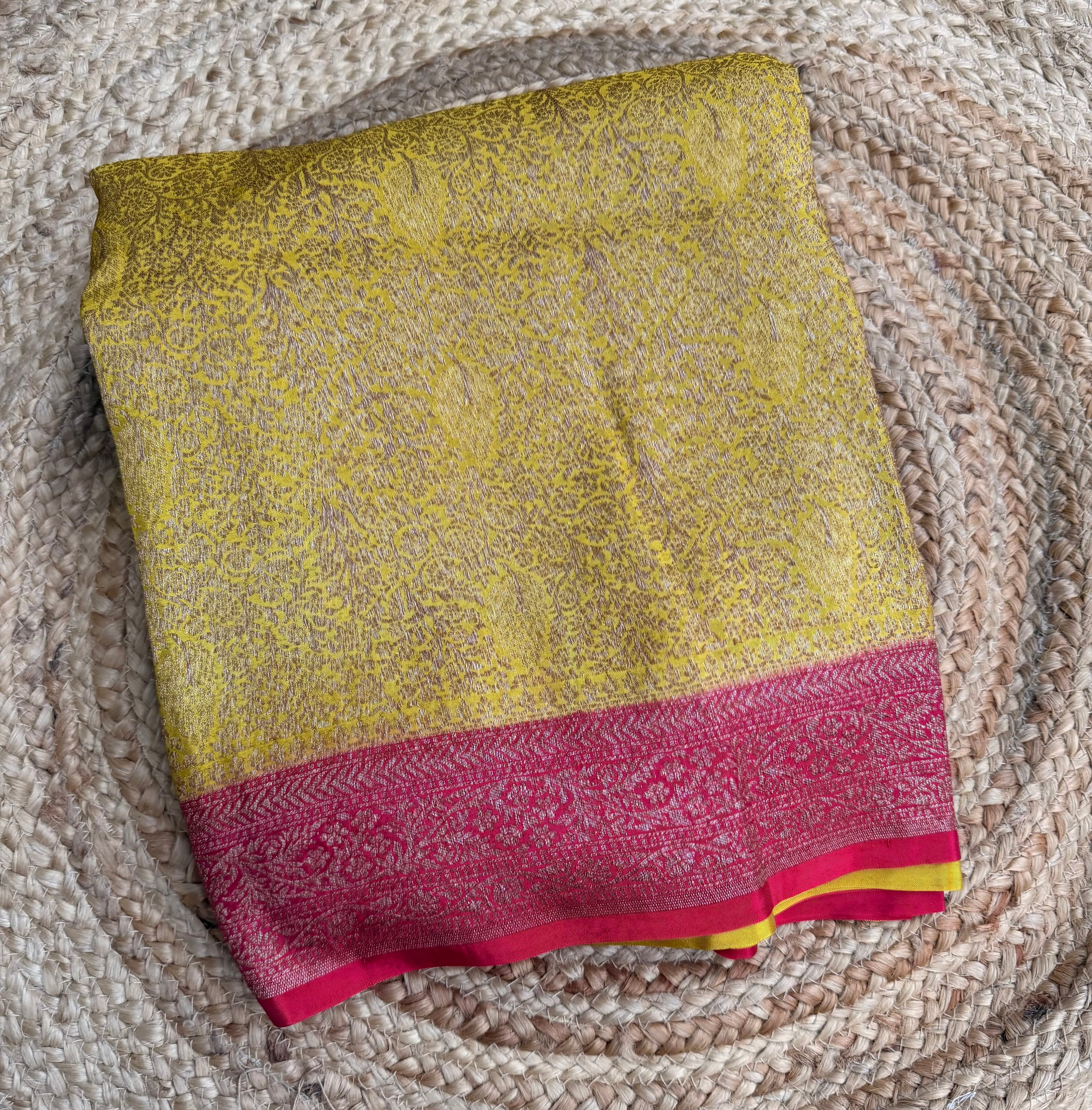 Yellow n pink semi Banarasi crepe saree