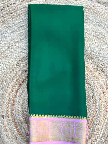 Green and lotus pink pure crepe Mysore silk sarees mango border