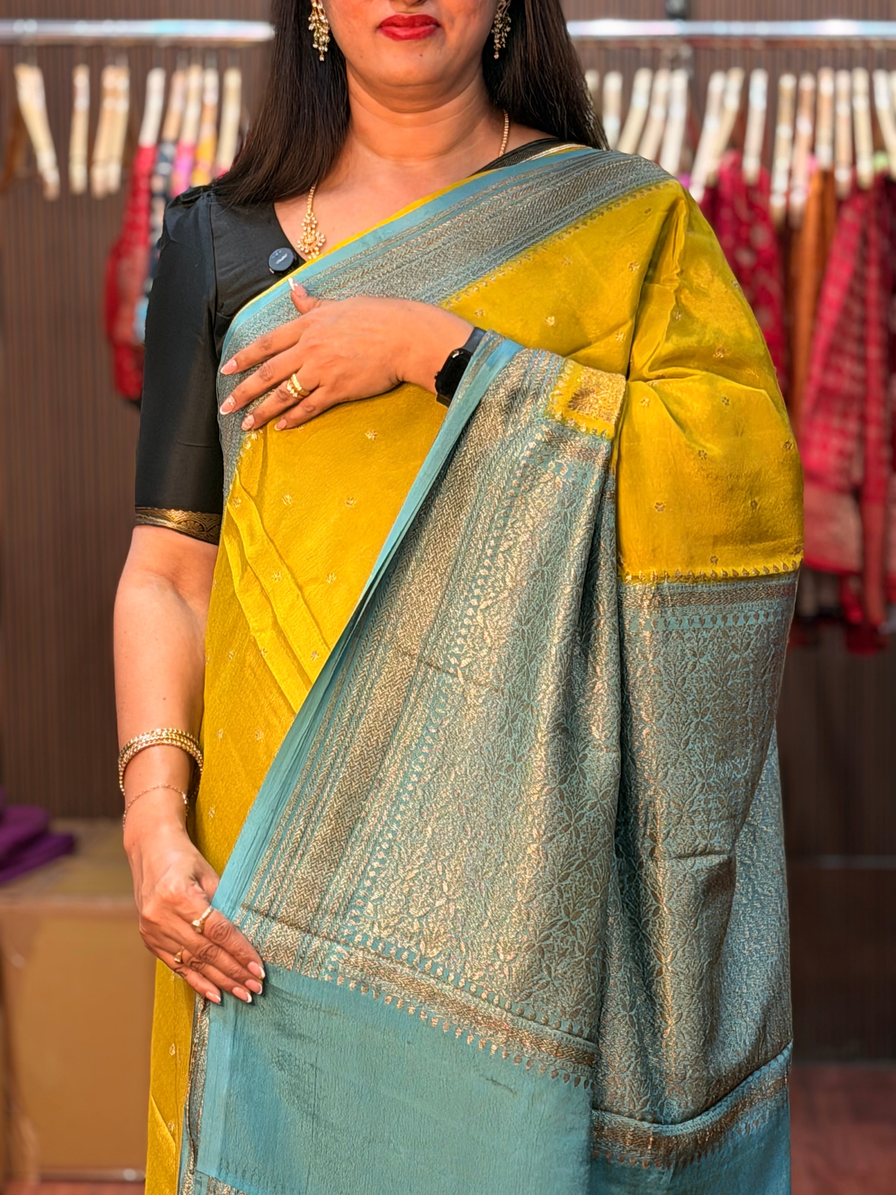 Neon green and sea greenBanaras crepe chiffon Sarees