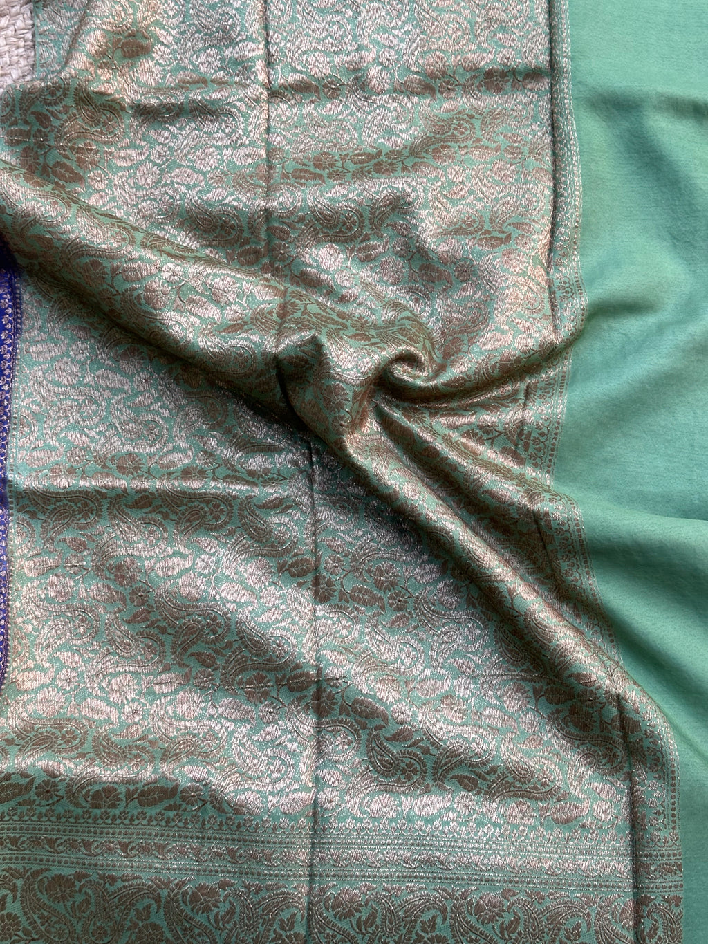 Deep purple and mint green crepe chiffon Banarasi sarees