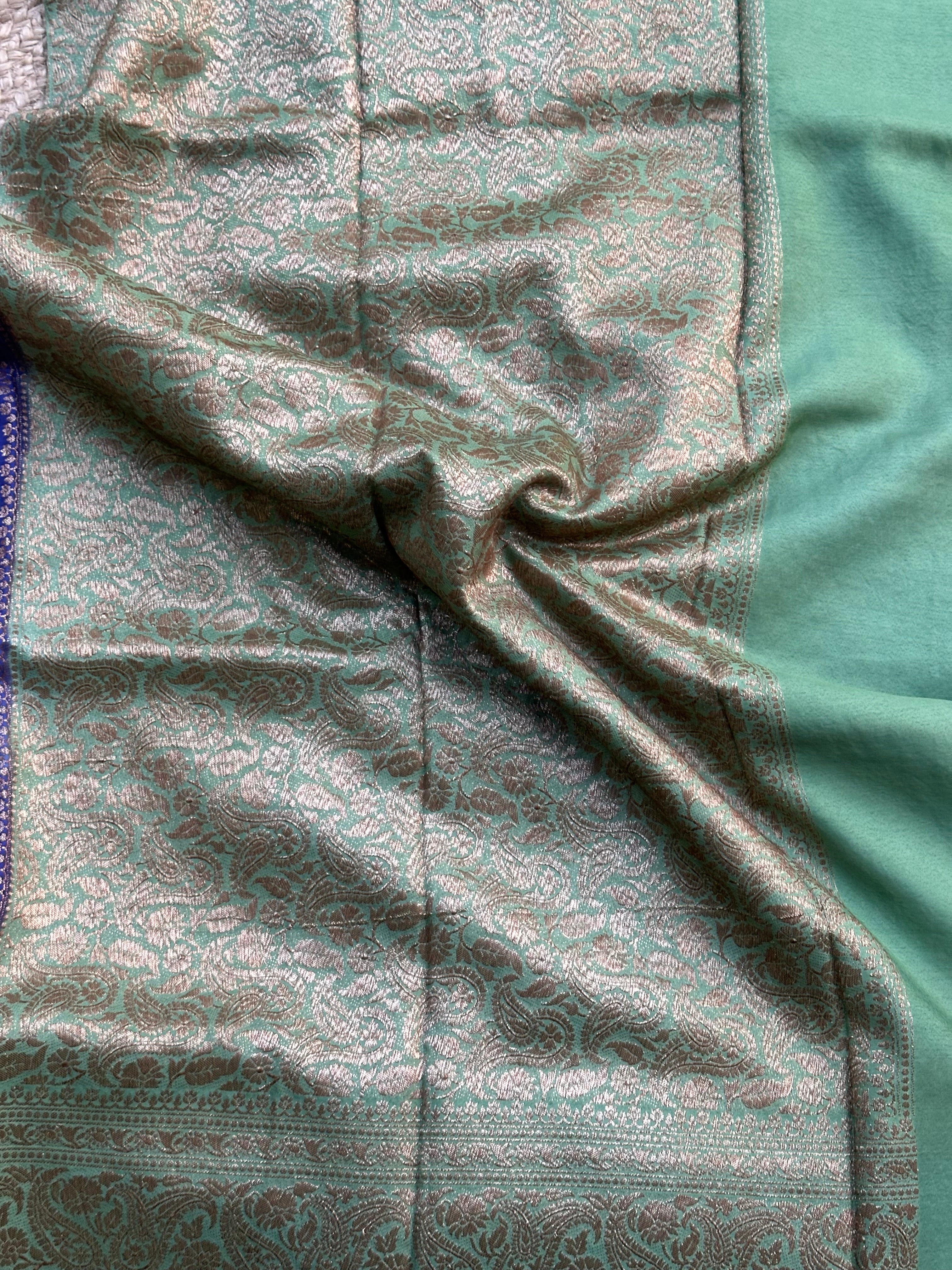 Deep purple and mint green crepe chiffon Banarasi sarees