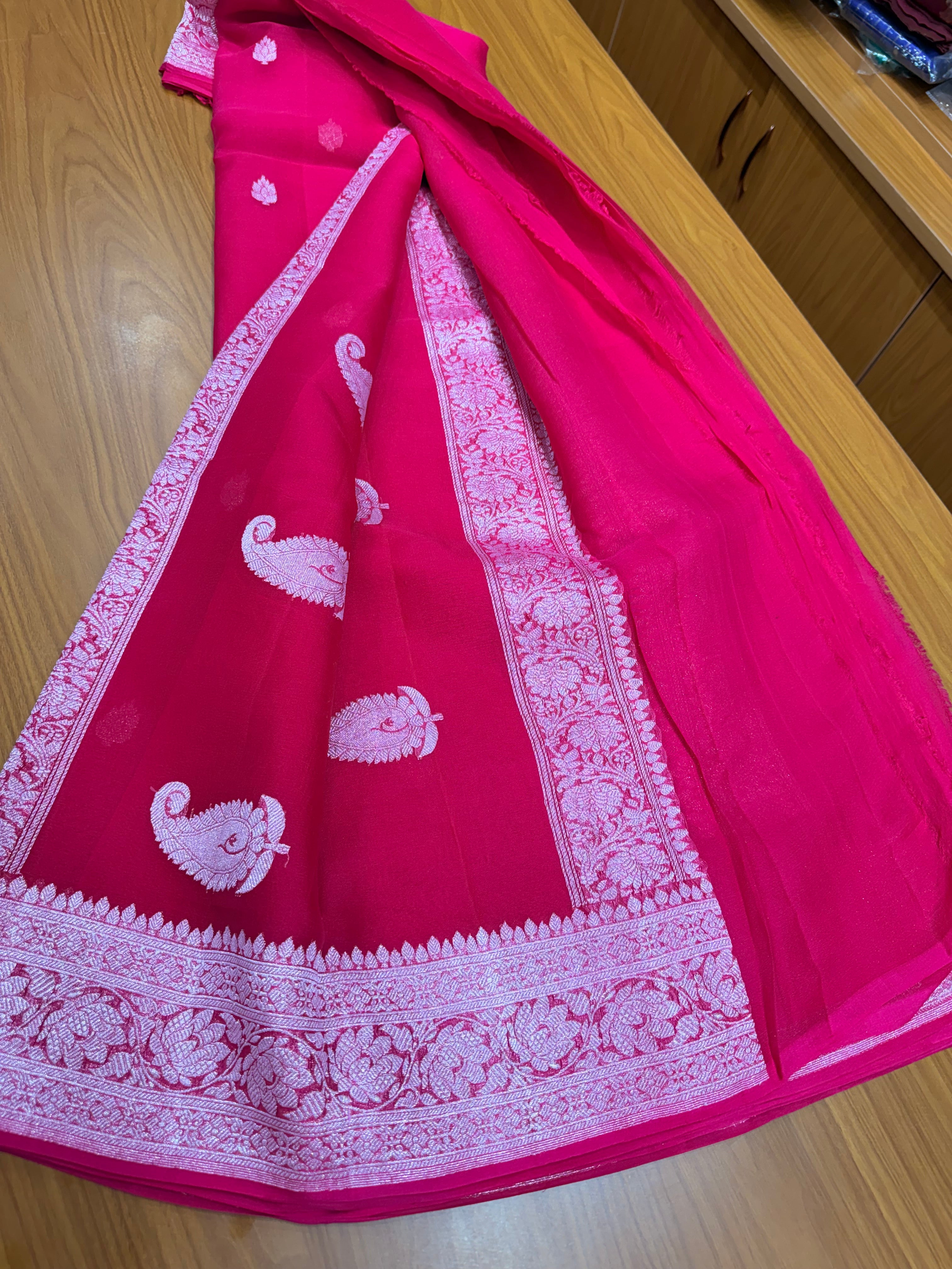 Pink Banarasi pure khadi chiffon saree sliver zari woven
