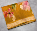 Mustard yellow digital print Banarasi pure tissue chiffon saree sliver zari saree