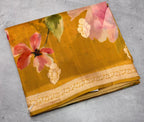 Mustard yellow digital print Banarasi pure tissue chiffon saree sliver zari saree