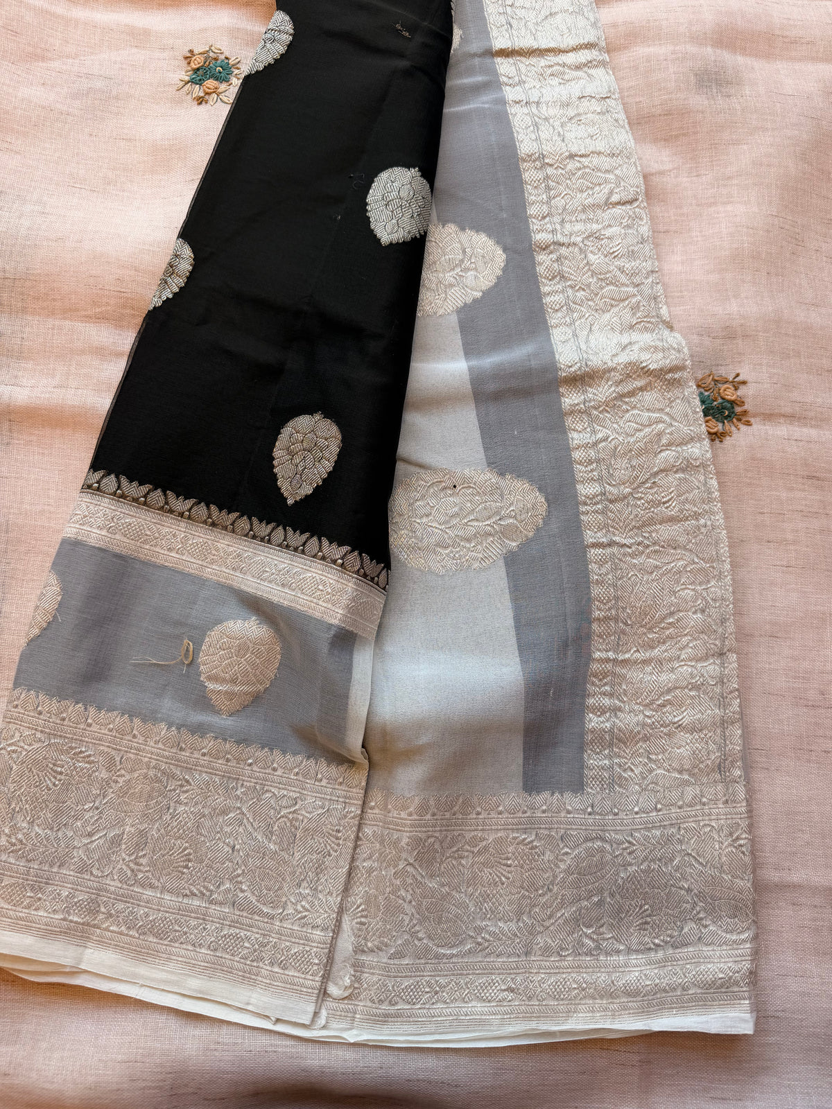 Black double border Banarasi pure khadi chiffon saree sliver zari saree