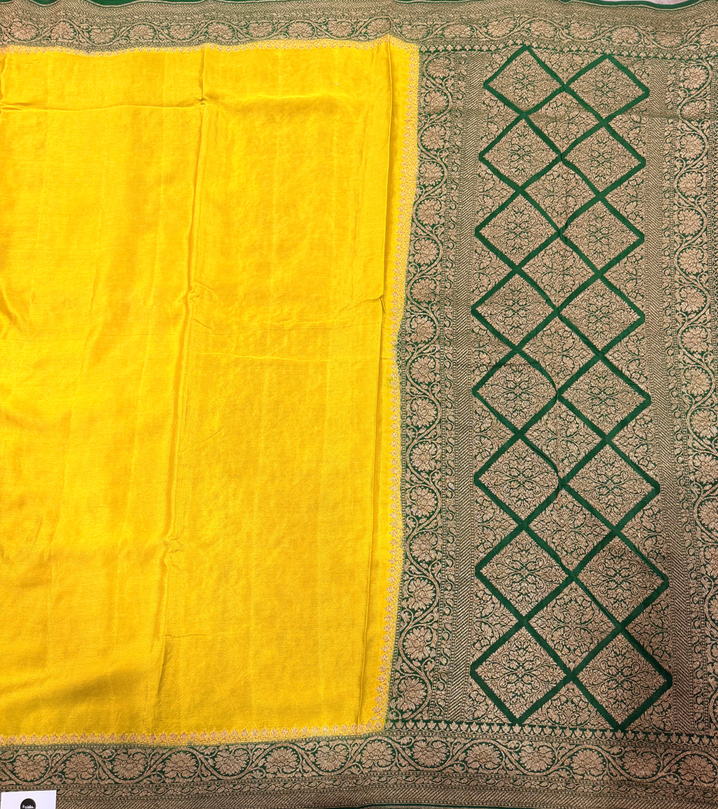 Yellow n bottle partly pallu pure benarasi crepe silk saree