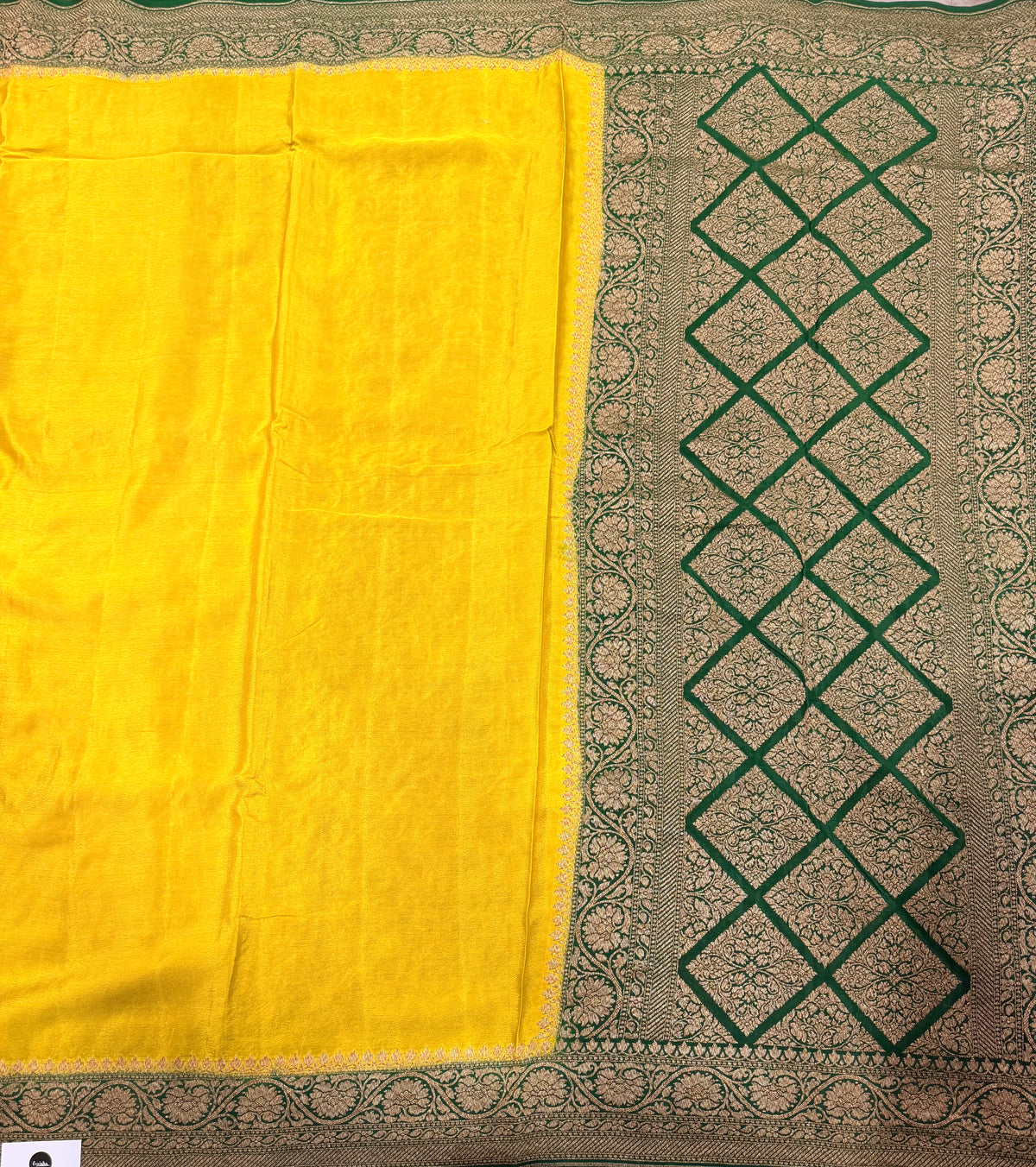 Yellow n bottle partly pallu pure benarasi crepe silk saree