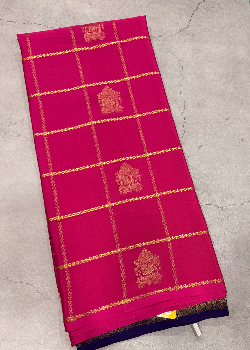 Rani pink checks pure Mysore silk crepe saree