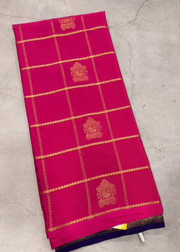 Rani pink checks pure Mysore silk crepe saree