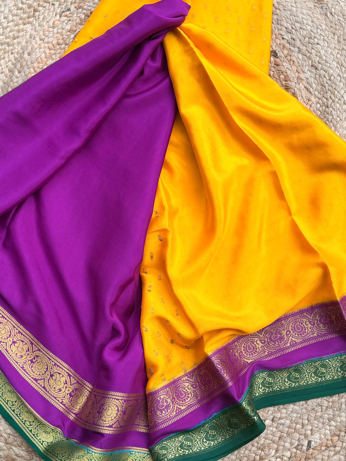 Mango yellow with purple thousand butta pure crepe Mysore silk