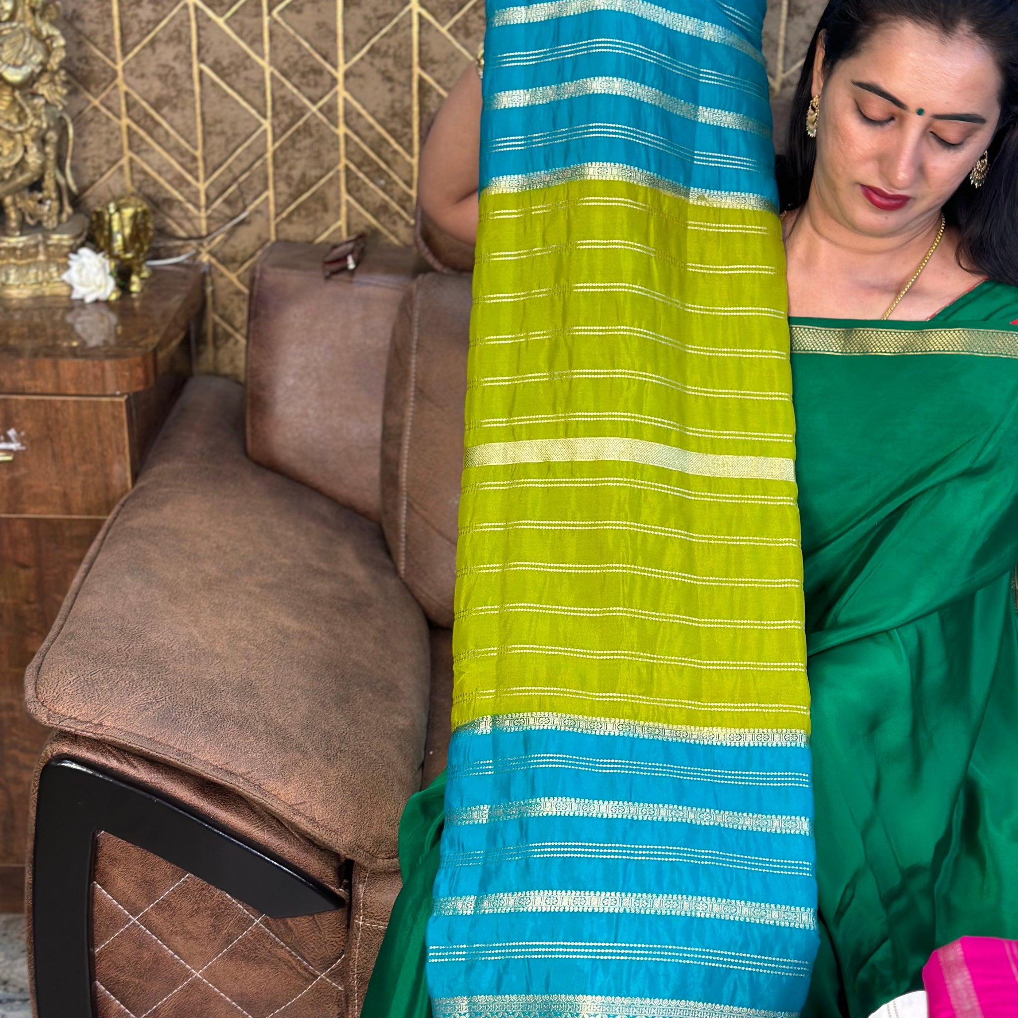 Rama green with mustard semi crepe sarees.