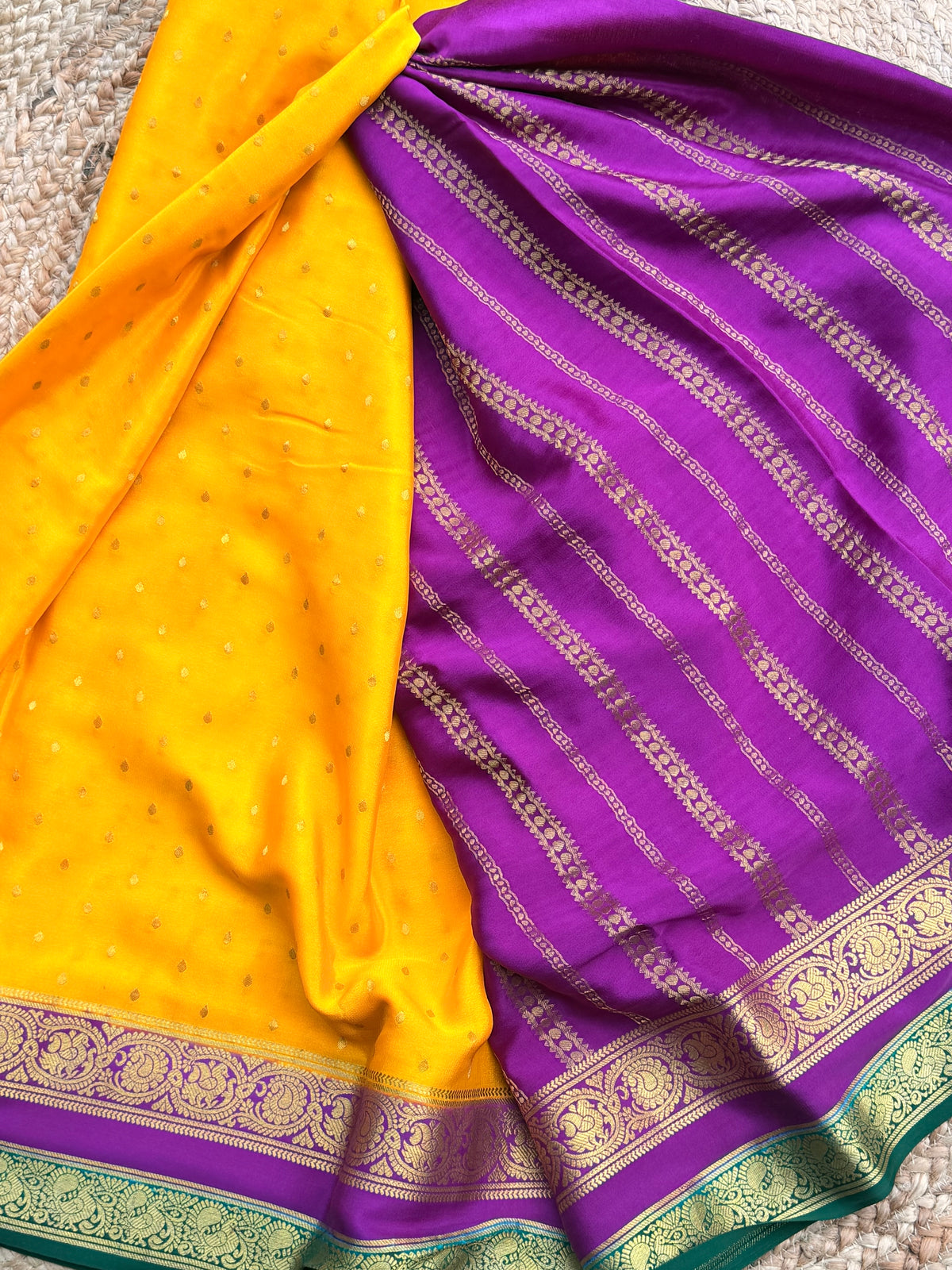 Mango yellow with purple thousand butta pure crepe Mysore silk