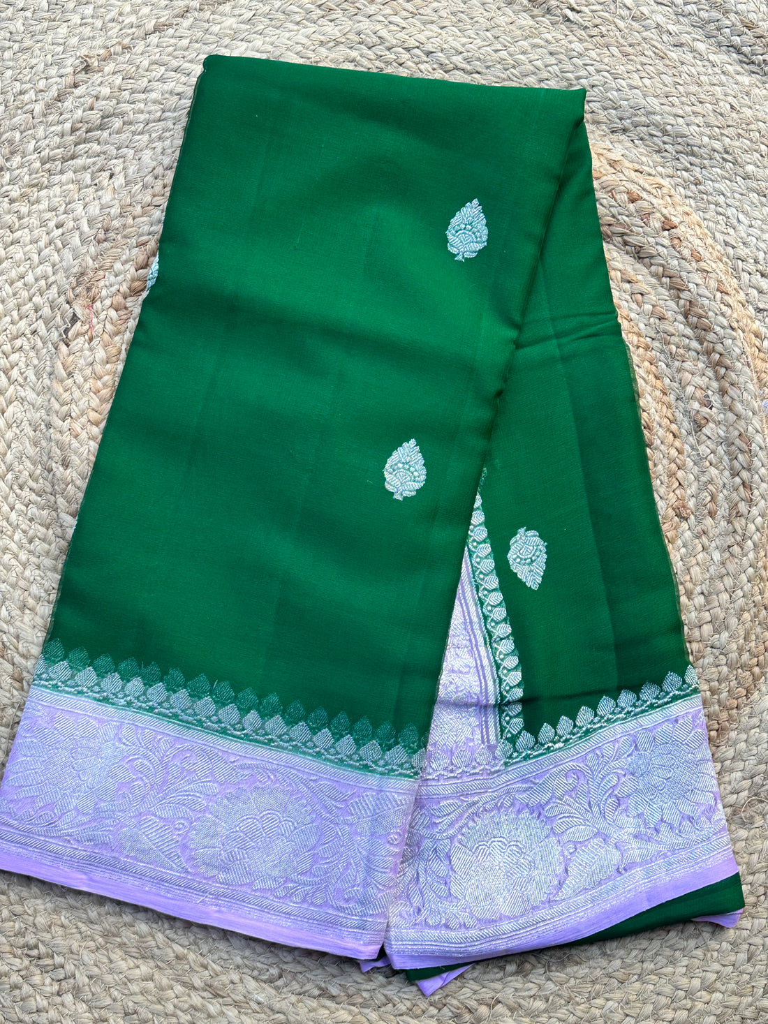 Green with pinkish lavender pure khaddi chiffon sarees silver zari finish