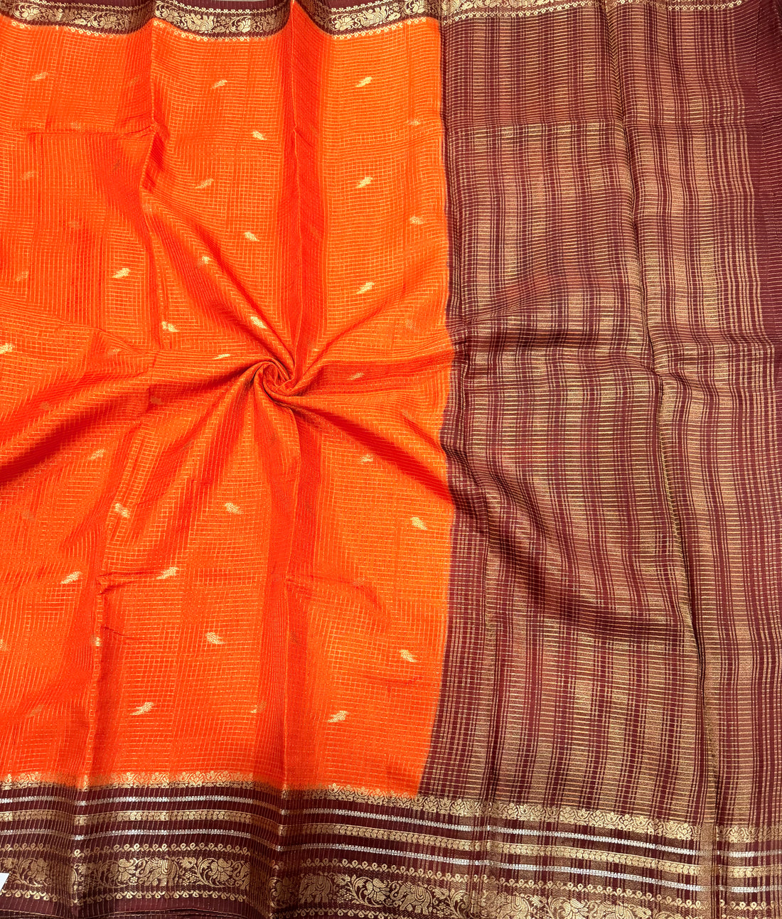 Orange contrast border checks Dola crepe saree