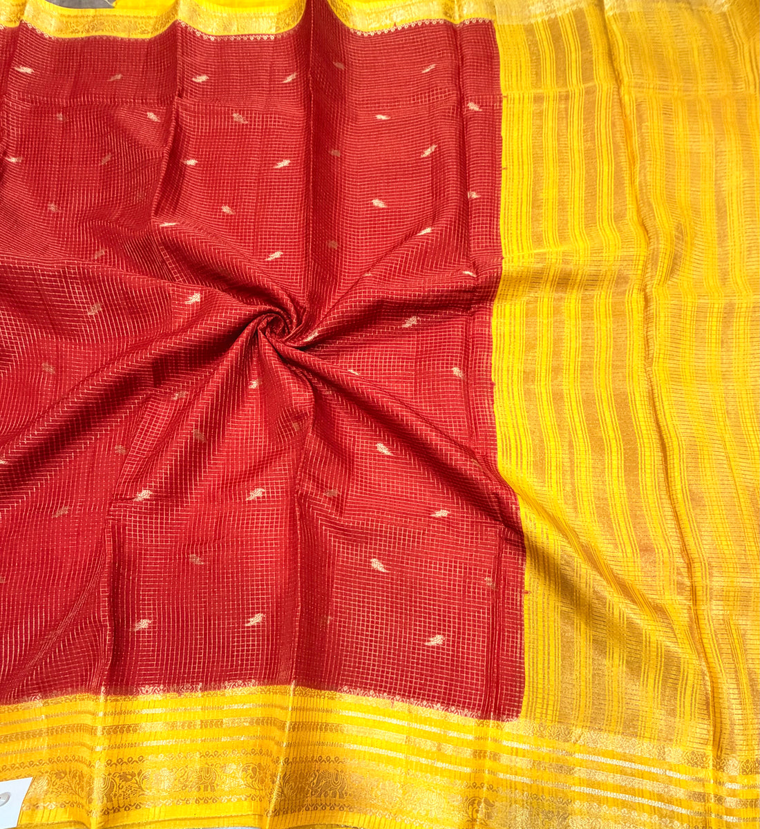 Red contrast border checks Dola crepe saree