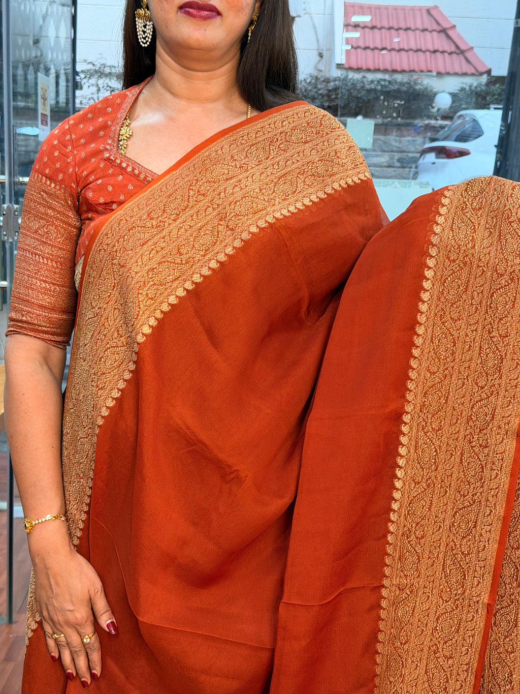 Rust orange pure khadi Georgette plain concept with butti blouse