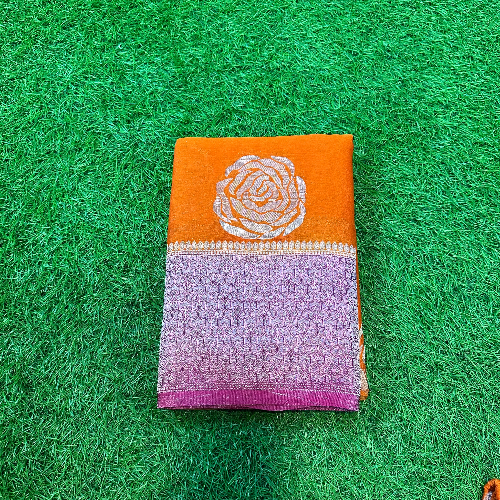 Orange with pink soft crepe rose butta.