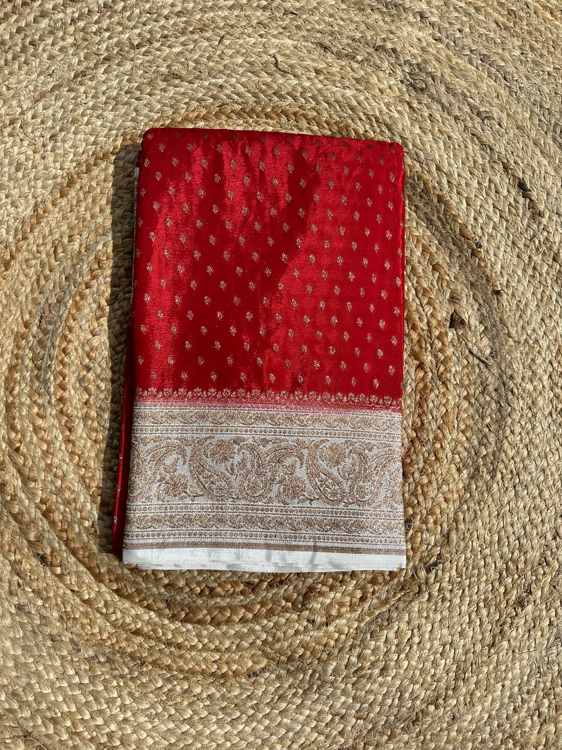 Red and white pure crepe chiffon sarees with brocade jaal blouse