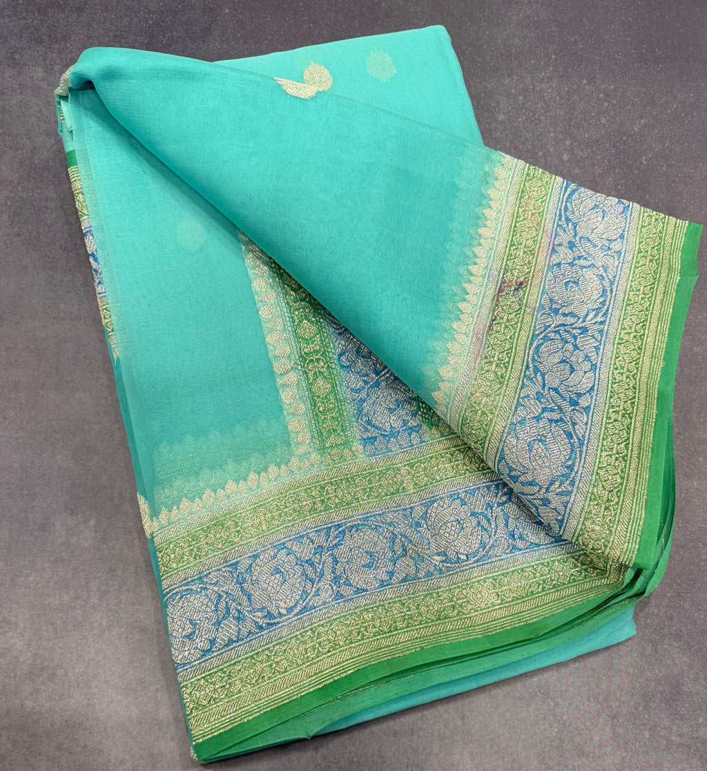 Sky blue 3D Banarasi pure khadi chiffon saree sliver zari saree