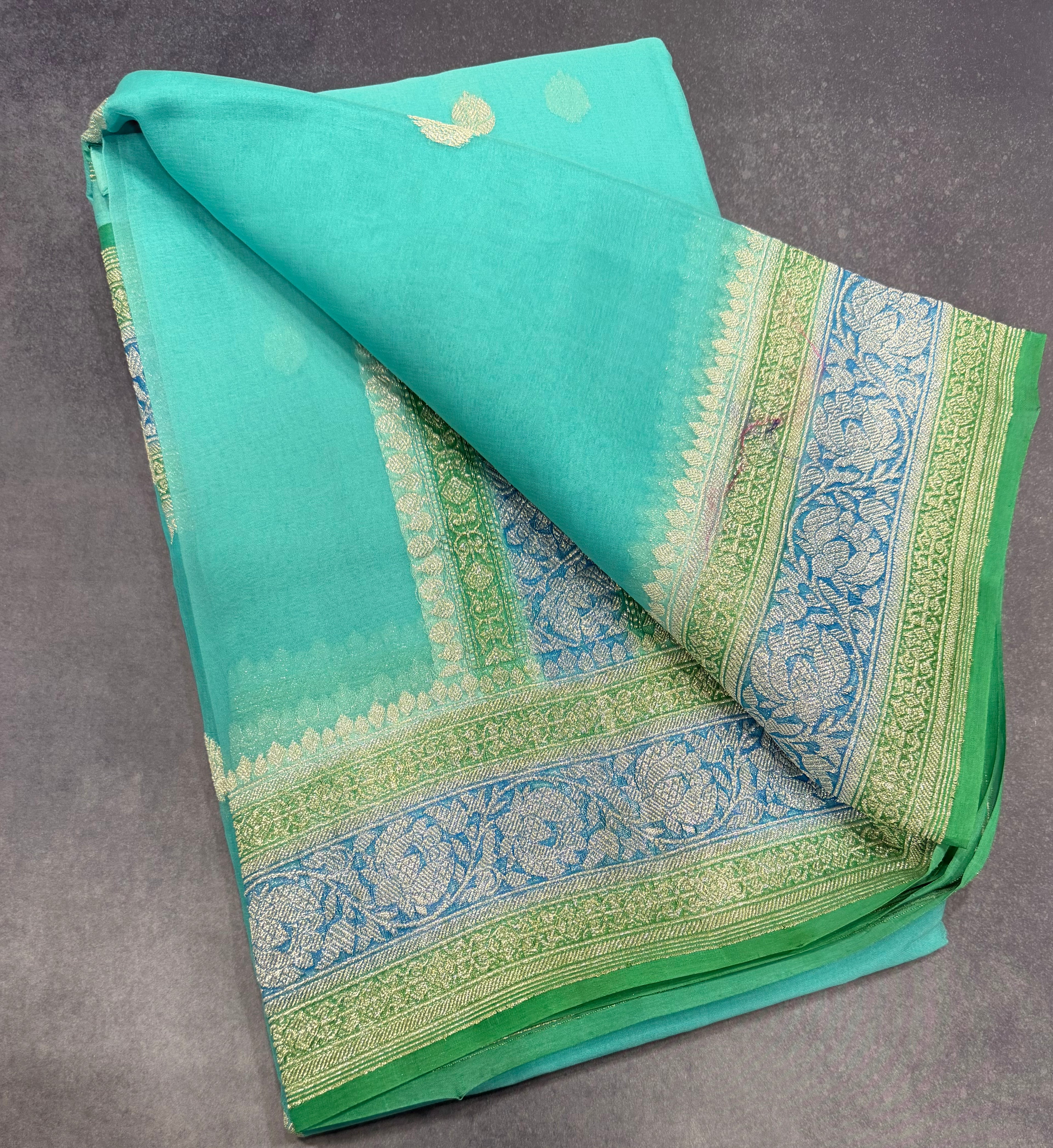 Sky blue 3D Banarasi pure khadi chiffon saree sliver zari saree