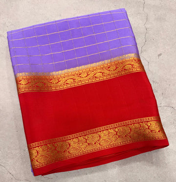 Lilac checks n bentex border pure Mysore silk crepe saree
