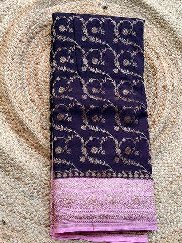 Purple and pink Banarasi Crepe Chiffon in Jaal Pattern