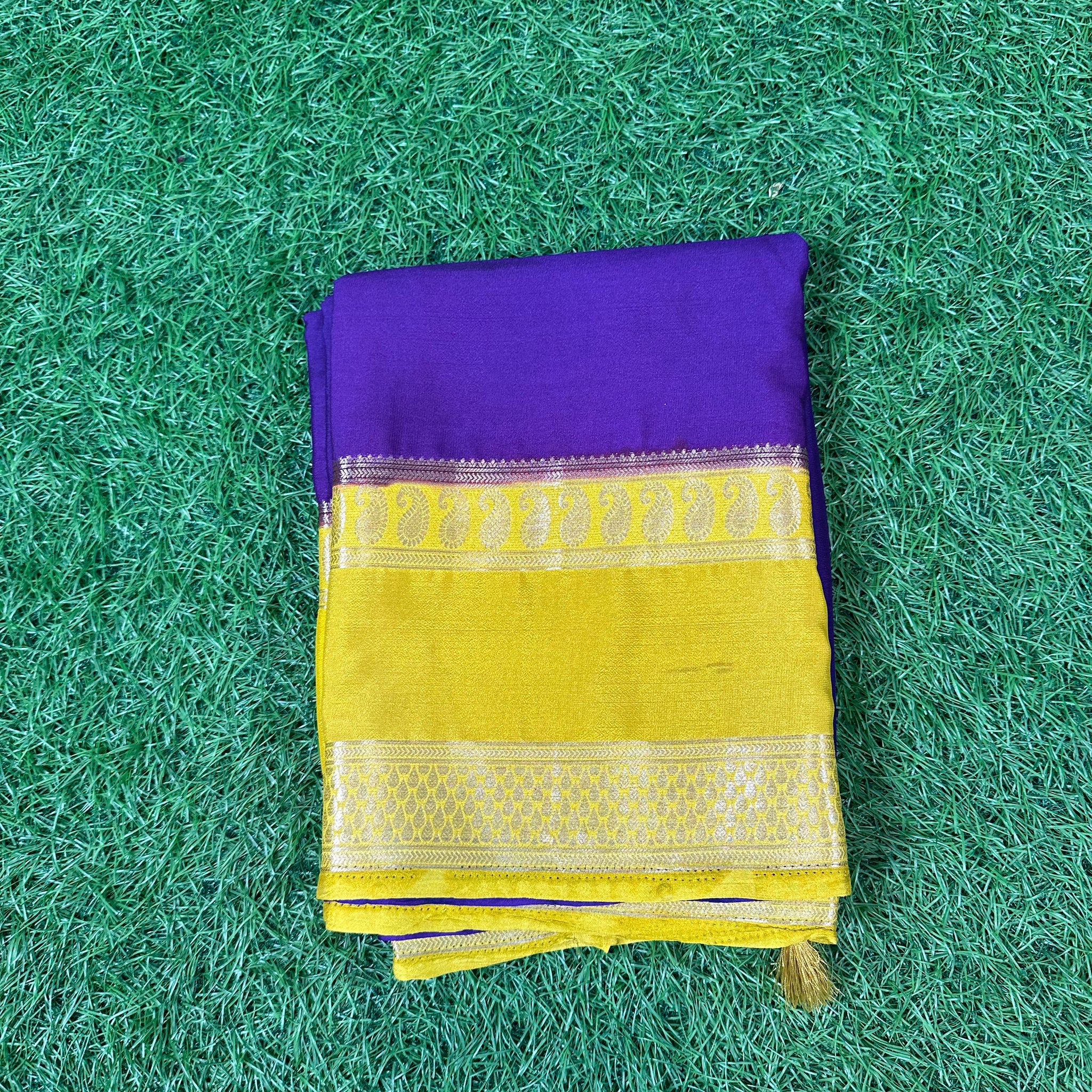Purple and mustard Semi crepe Mysore Silk pattern