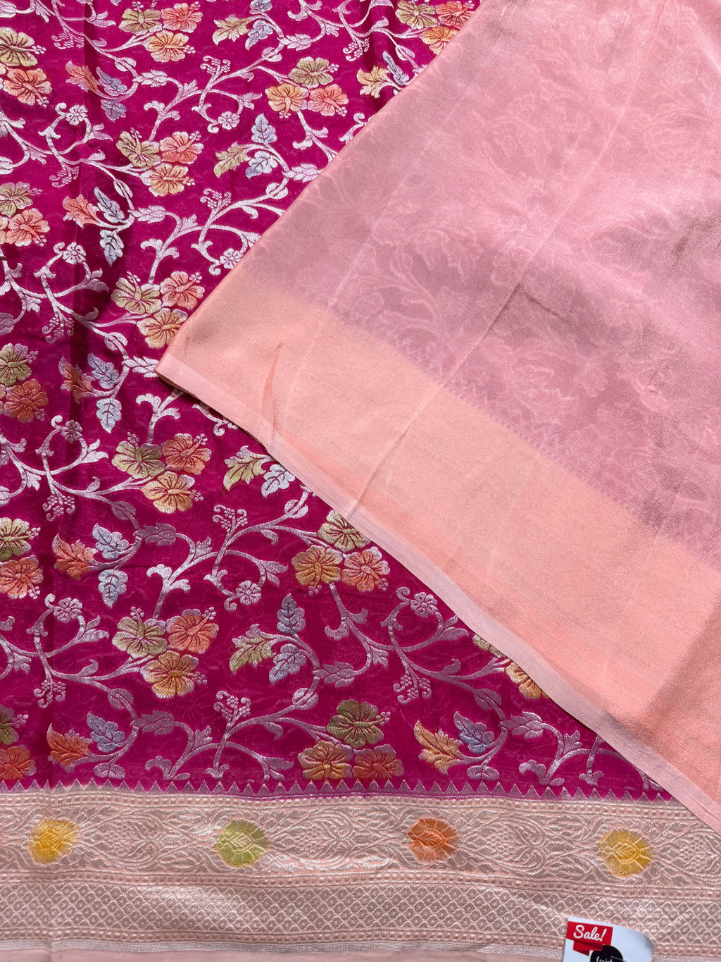 Rani pink jaal pattern pure georgette with water zari saree