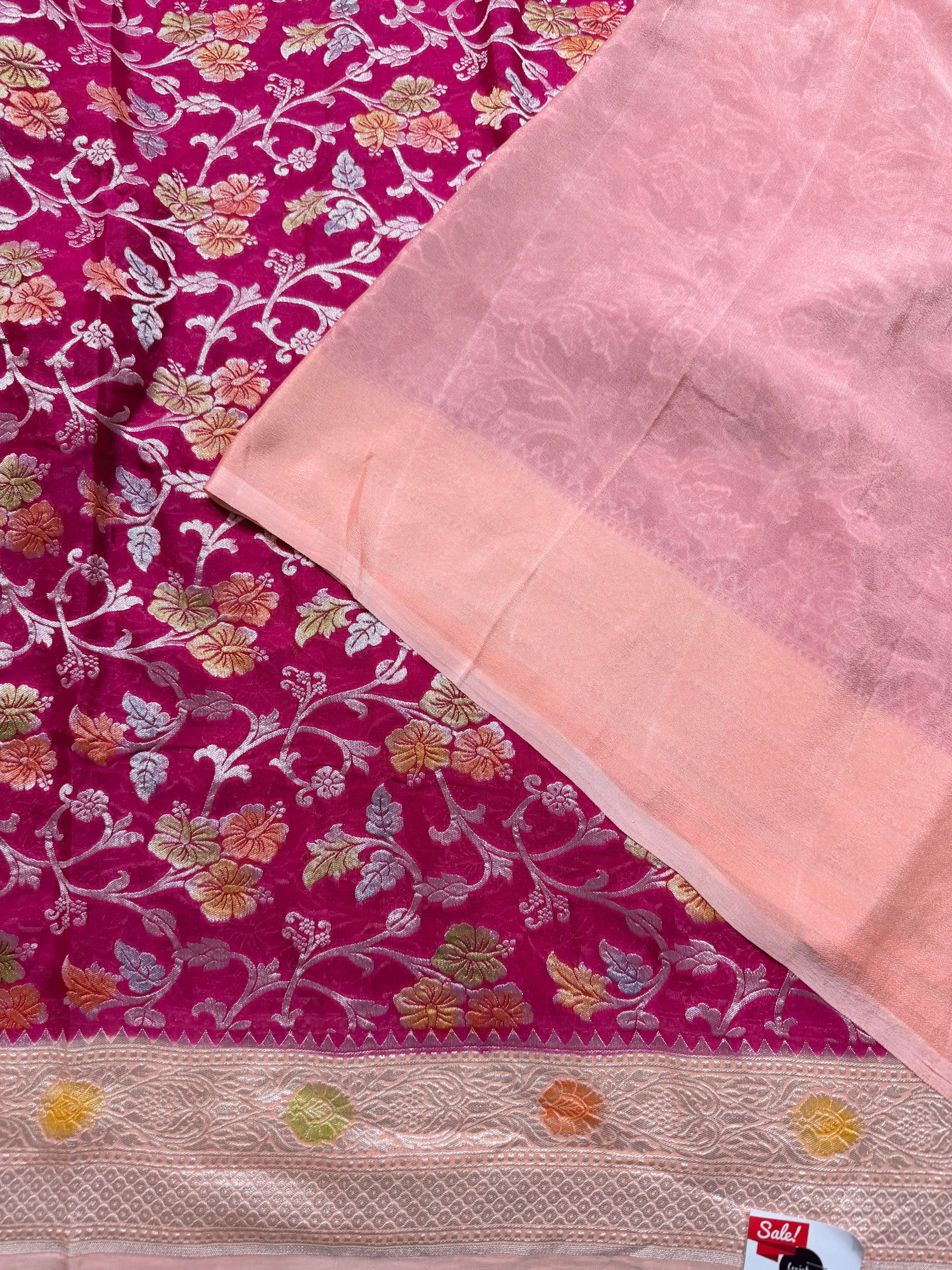 Rani pink jaal pattern pure georgette with water zari saree