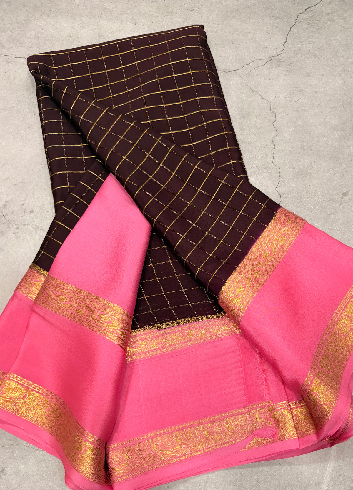 Brown checks n bentex border pure Mysore silk crepe saree