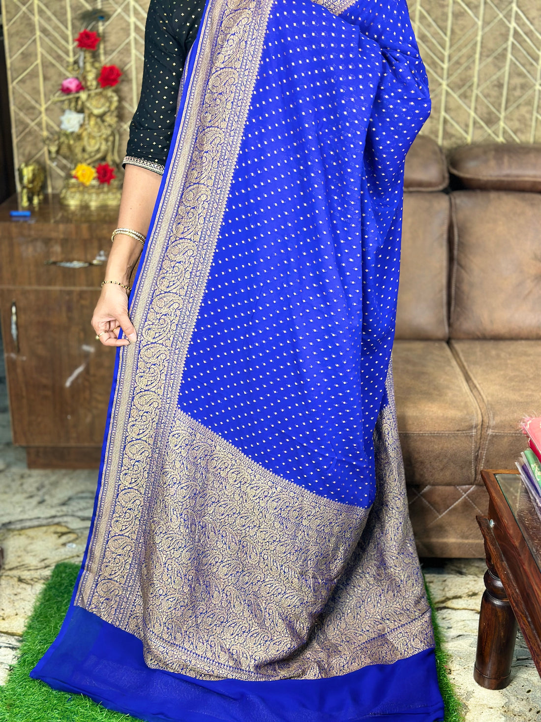 Royal blue pure khaddi Georgette sarees.