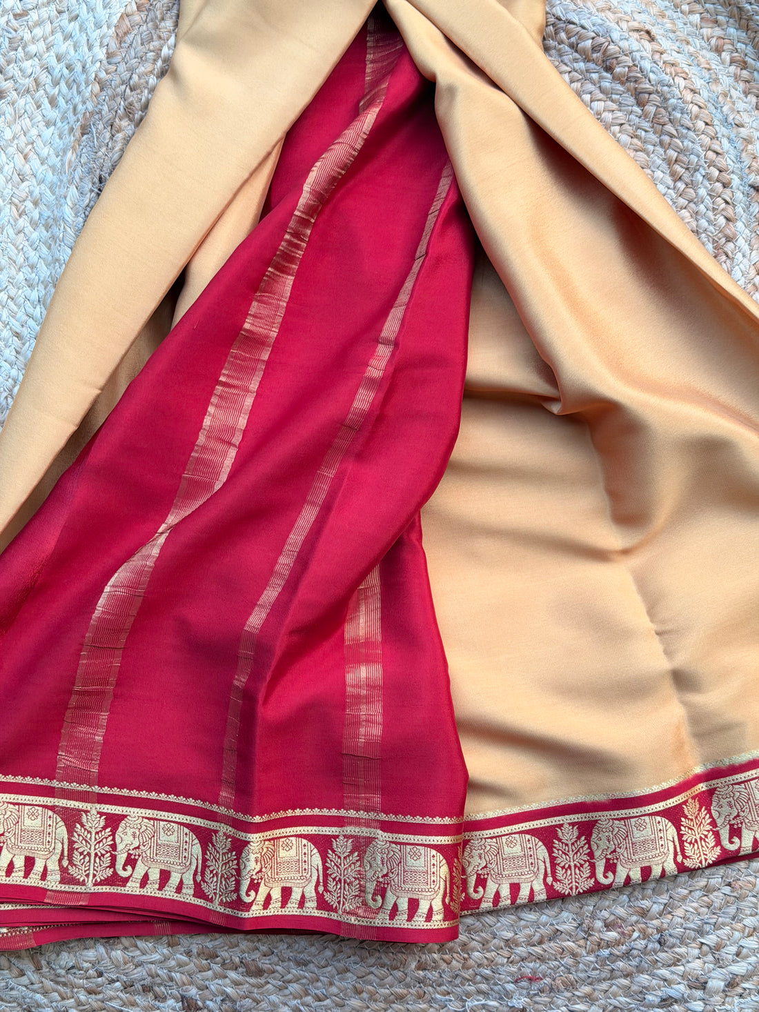 Gold and matron elephant  border crepe Mysore silk 120gsm
