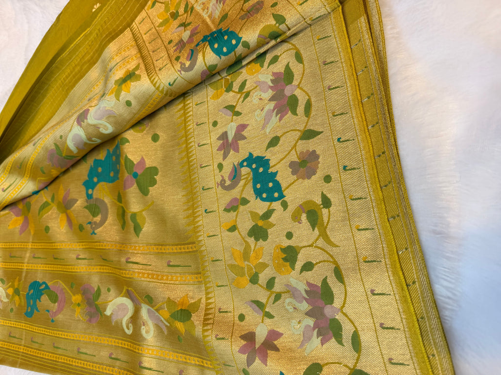 Neon green pure paithani swan & peacock border saree