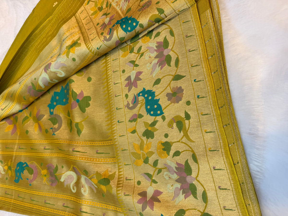 Neon green pure paithani swan & peacock border saree