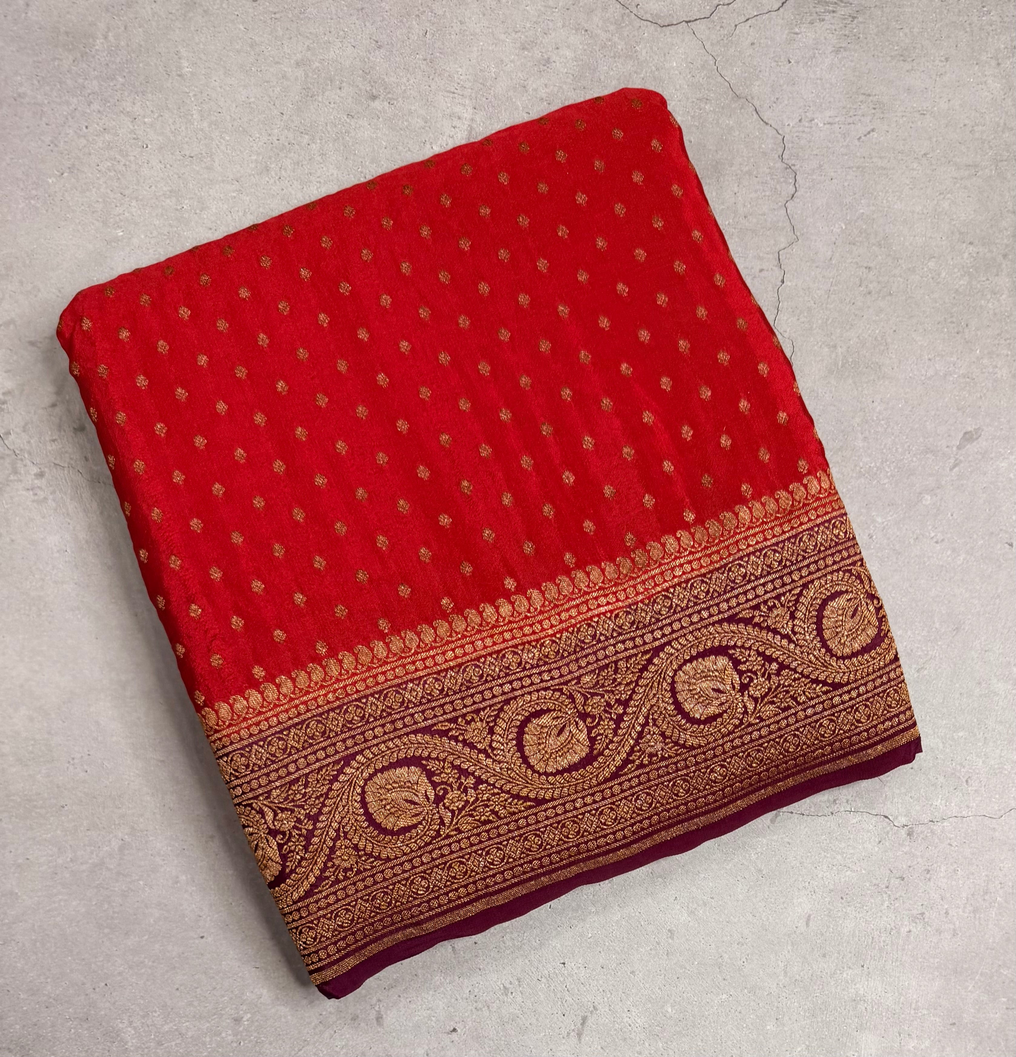 Red n wine pure benarasi crepe silk saree