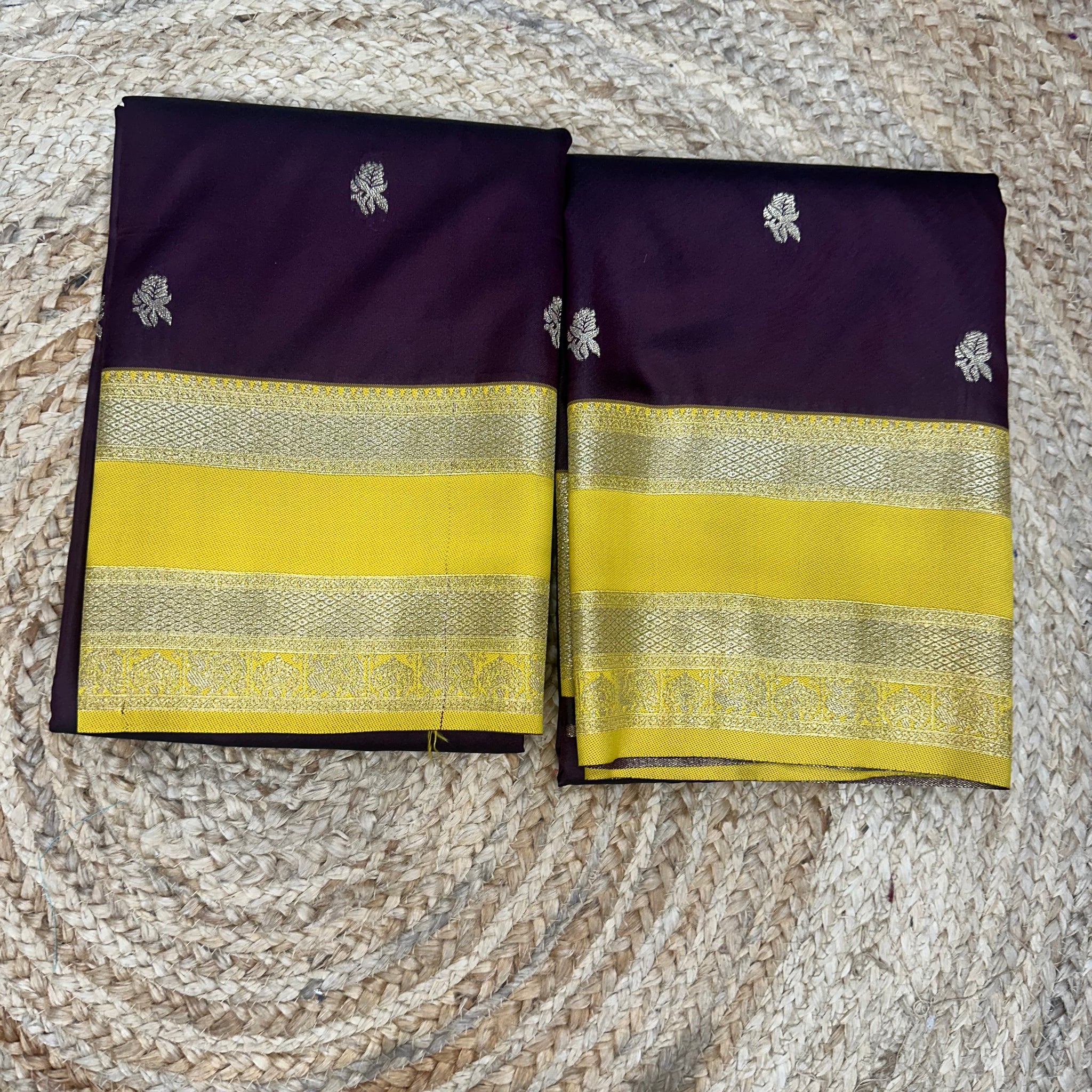 Coffee brown and yellow semi Kanchi saree