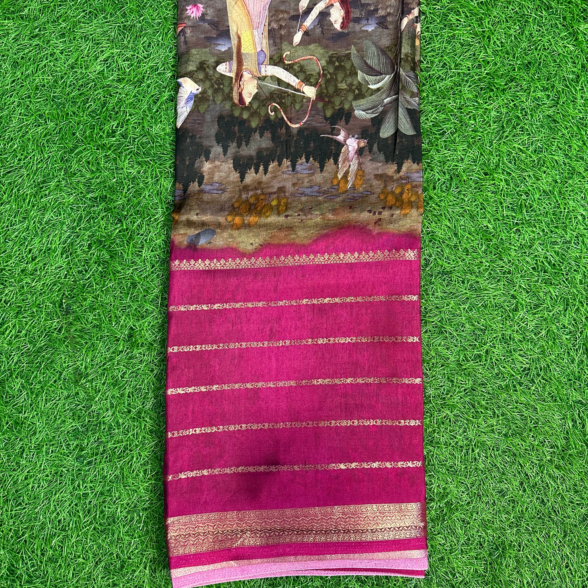 Mejentha semi crepe digital kalamkari with horizontal stripes.