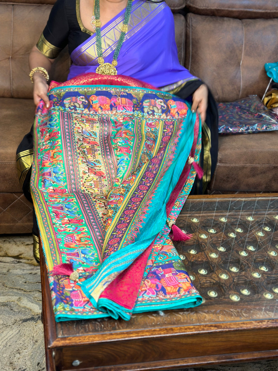Rama green with pink pure moonga crepe
